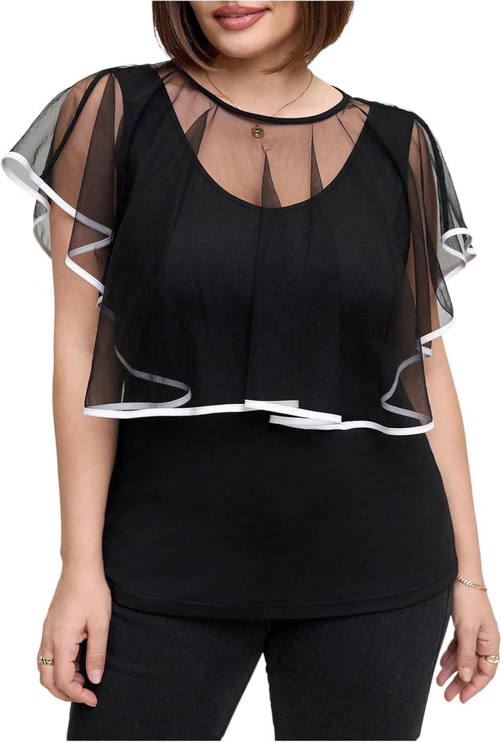 MakeMeChic Women's Plus Size Blouse Mesh Sheer Crew Neck Short Sleeve Slim Fit Y2k Summer Top (XX-Large Plus, Black and White)