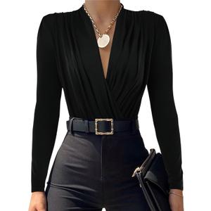 LYANER Women's Wraped V Neck Ruched Long Sleeve Leotard Bodysuit Top, S