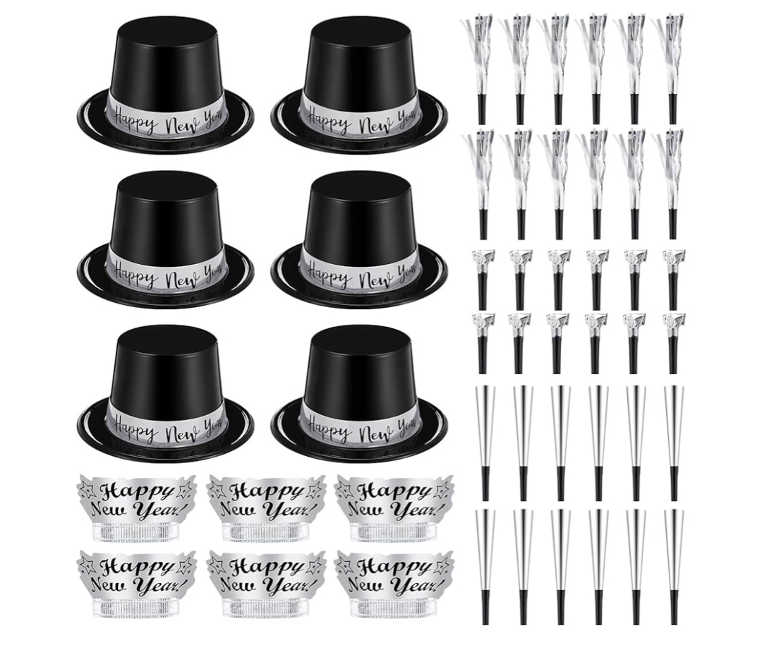 Shappy 48 Pcs New Year's Eve Party Supplies for 12 Guests 2026 Party Supplies Top Hat Headbands Tiara Fringed Noise Makers(Black Silver)