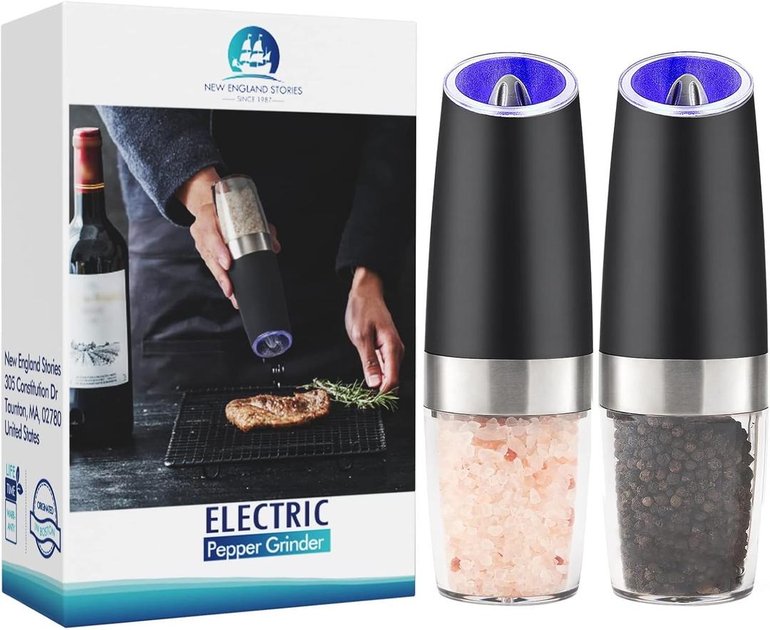Gravity Electric Pepper and Salt Grinder Set, Battery Operated Pepper Mill with Blue LED Light, One Hand Operation, Flip to Grind, Adjustable Coarseness (Black 2X)