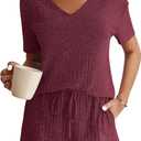 Womens Fashion 2 Piece Outfits Sweatsuits Ribbed Knit Summer Short Sleeve Loungewear V Neck Lounge Set (Large, Red)