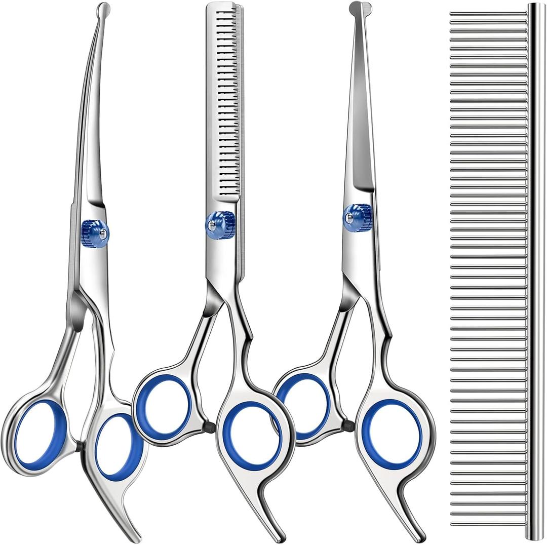 Professional 4 in 1 Dog & Cat Grooming Scissors Kit with Safety Round Tips,Sharp & Durable,Dog Shears for Grooming - Includes Straight, Curved, Thinning Scissors and Comb - Premium Pet Supplies