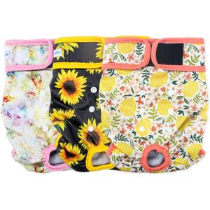 Leekalos Reusable Washable Dog Diapers Female (3 Pack) - Highly Absorbent Doggie Diapers - Size Adjustable Puppy Diapers for Dog Period Panties (Large, Sunflower) (Large (15"-17" Waist), Sunflower(Gray Lining))