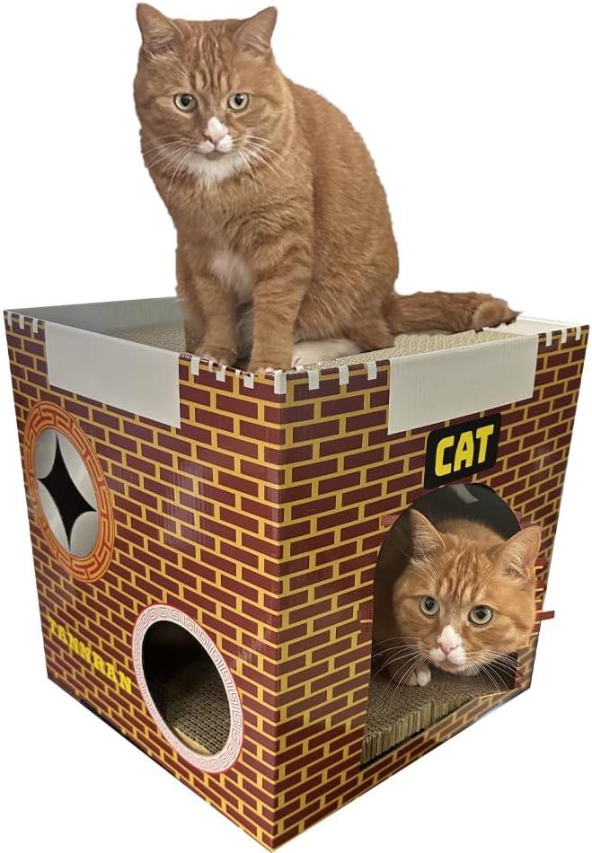 Cardboard Cat House with 2 Story Scratch Pads, Cat Play House for Indoor Toy, Scratch and Grind Claws, 12.5x12.5x12.5 Inch for Cats (RED)