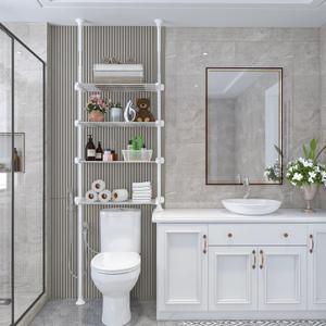 Lilyvane Over-The-Toilet Storage:97 to116 Adjustable 4-Tier Bathroom Organizer, Over The Toilet Storage Shelf for Small Rooms,Narrow Cabinet,Space Saving Bathroom Organizer, Stainless Steel (White)