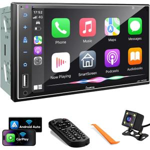SJoyBring Upgrade Wireless Double Din Car Stereo with Apple CarPlay, Android Auto, Bluetooth, 4-Channel RCA, 2 Subwoofer Ports, 60W*4 High Power, 7" HD Touchscreen Car Radio Receiver, Backup Camera