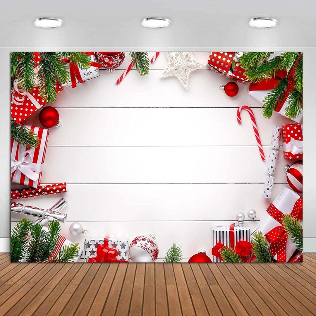 Merry Christmas Theme White Wooden Board Photography Backdrops for Winter Holiday Party 7x5ft Xmas Bells Decorations Gift Bokeh Photo Background Children Photo Booths Cake Table Banner