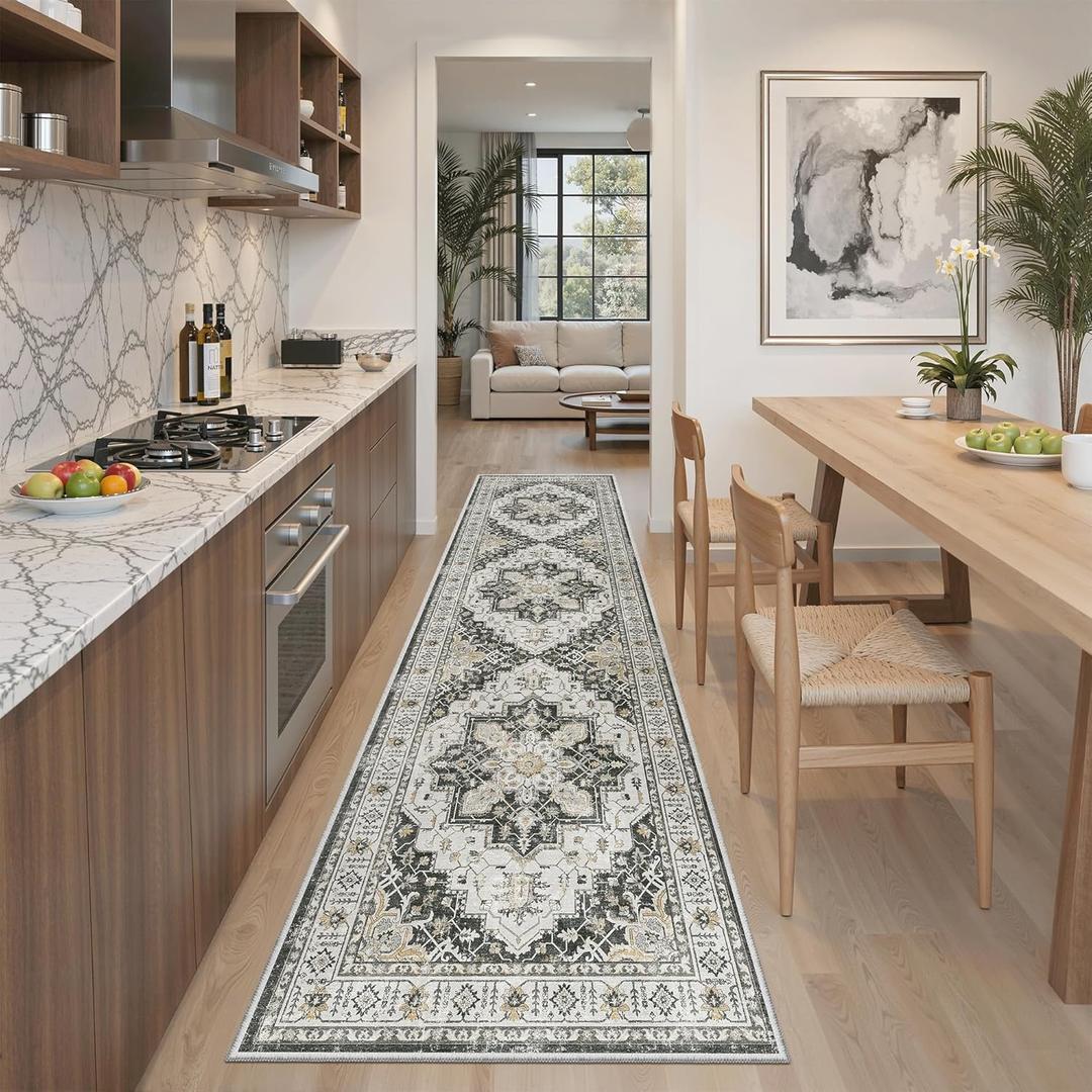 Madane Runner Rug 2x8, Washable Hallway Runner Rugs, Non-Slip Low-Pile Soft Kitchen Rug Runner Laundry Room Rug, Vintage Throw Entry Foyer Mat for Entrance Living Room (Black, 2 x 8)