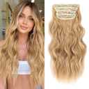 NAYOO Honey Blonde Clip In Hair Extensions 4PCS Wavy Curly Hair Extensions Synthetic Fiber Double Weft Soft Hairpieces For Women20 inch, Honey Blonde
