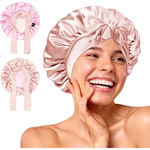 BONNET QUEEN Small Satin Bonnet Silk Bonnet for Sleeping Women Double Layer Reversible Hair Bonnet Adjustable Sleep Cap (Jade+pink)