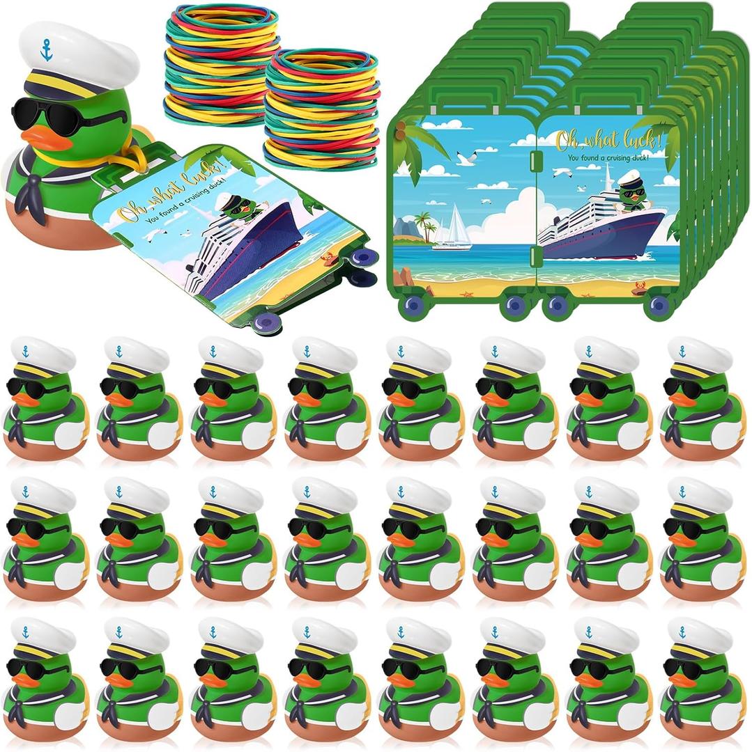 120 Pcs Mallard Duck Tag Cruise Kit Includes Mini Cruising Rubber Ducks Luggage Shaped Tags Elastic Rubber Bands and Mini Sunglasses for Hiding Ducking Luggage Carnival Party Game Rewards