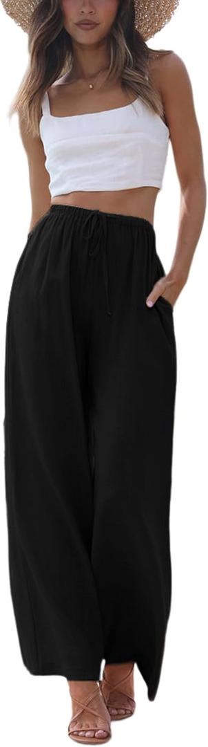 Faleave Women's Cotton Linen Summer Palazzo Pants Flowy Wide Leg Beach Trousers with Pockets (Medium, Black)
