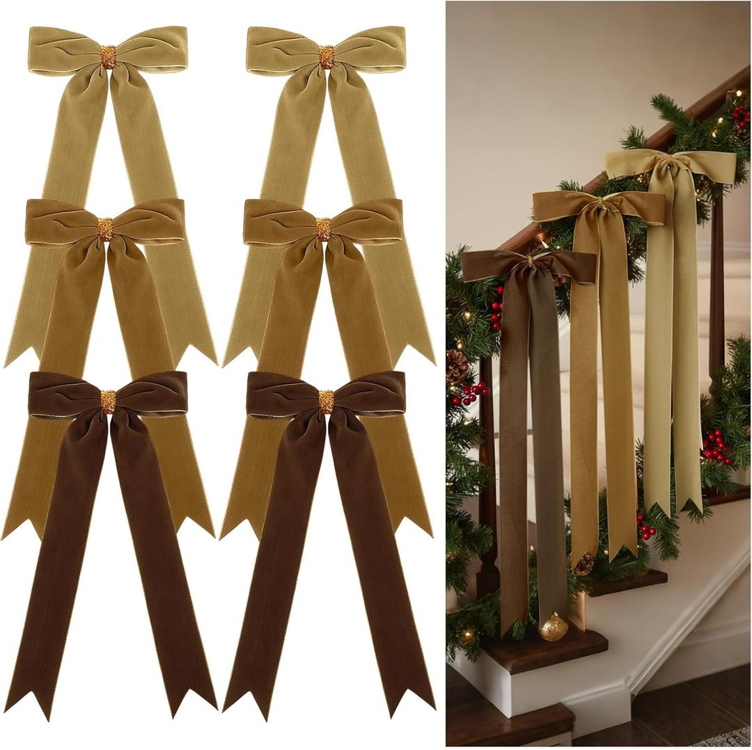 Riceshoot 6 Pcs Vintage Large Velvet Christmas Wreath Bow Pre Tied Brown Velvet Ribbon Bows Rustic Crafts Christmas Tree Topper for Xmas Garland Home Door Outdoor Decorations (12'' X 23.5'')