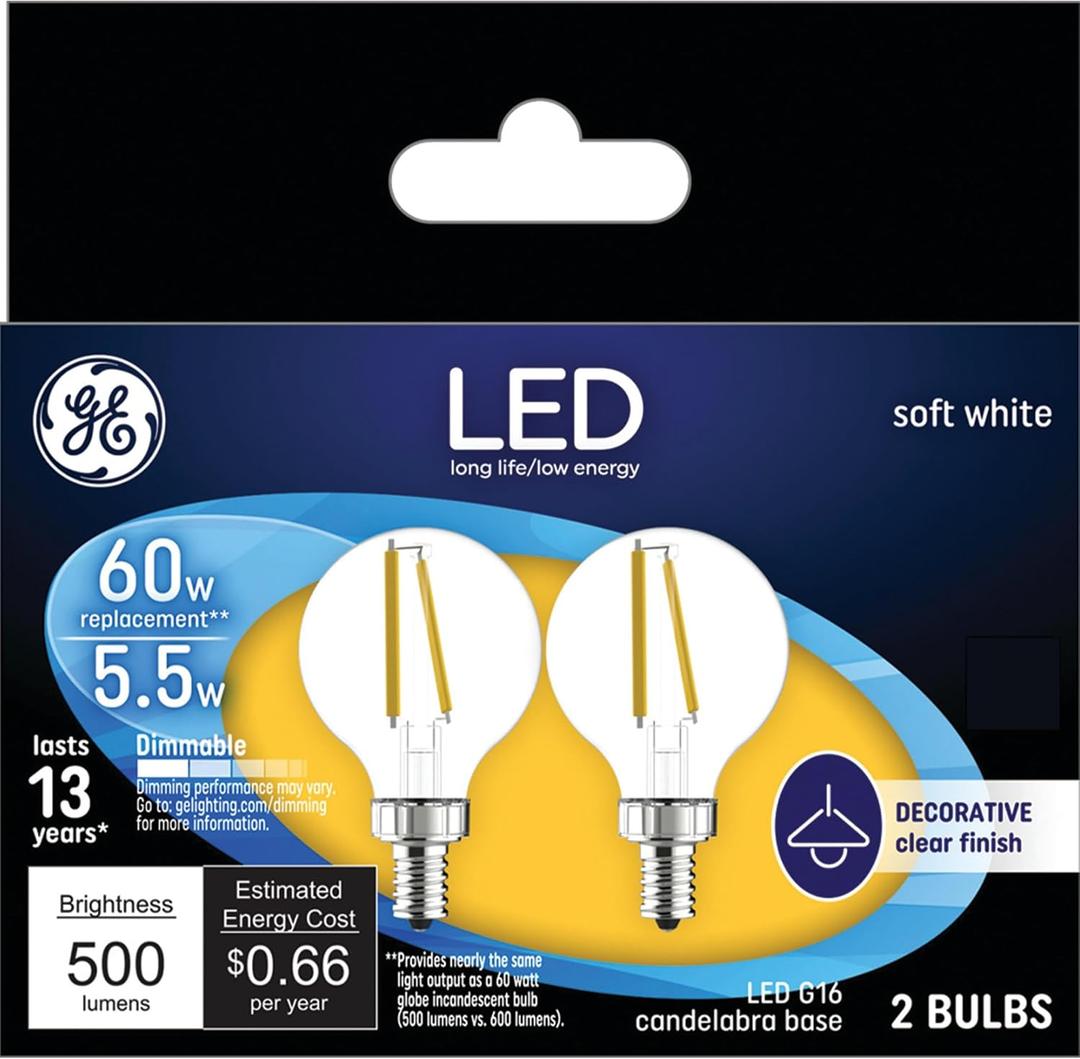 GE LED Light Bulbs, 60 Watt, Soft White, G16.5 Globe Bulbs, Clear, Small Base (2 Pack)