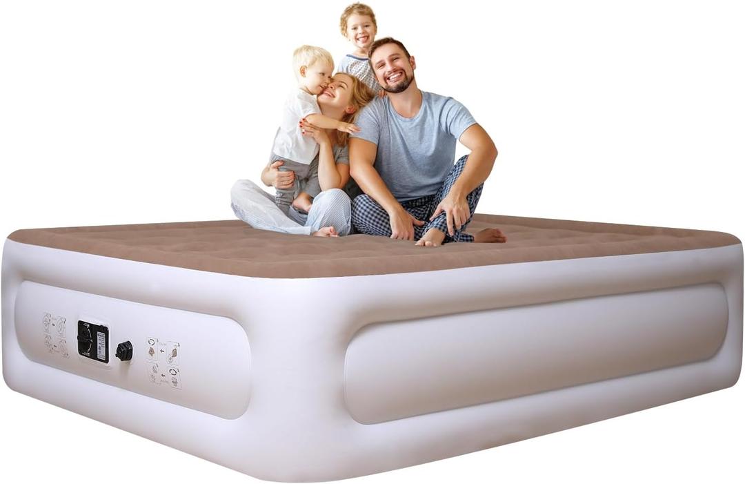 Etto Air Mattress Queen with Built in Pump, 18 inch Luxury Double High Air Bed Fast Inflation/Deflation, Portable Inflatable Blow up Mattress with Carry Bag for Camping, Home&Guests, 650lb MAX (Brown)