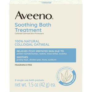 Aveeno Fragrance-Free Soothing Bath Treatment & Soak for Soothing Relief, 100% Colloidal Oatmeal, Relieves Itchy, Irritated Skin Due to Eczema, 8 Single-Use Bath Packets