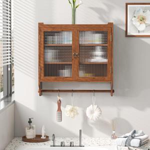 Double Glass Door Wood Wall Cabinet with Detachable Shelves,Brown, Large