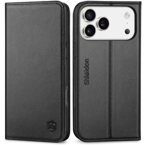 SHIELDON Genuine Leather Case Wallet for iPhone 17 Pro Max 6.9-inch 2025 | Foldable Kickstand, RFID Blocking 3 Credit Card Holder, Magnetic, Shock-Absorbent Phone Cover - Black