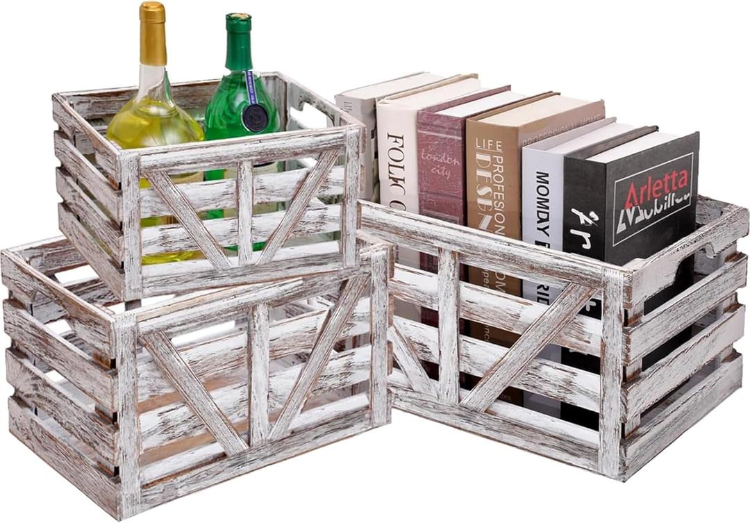 Storage Crate Nesting Wooden Crates with Handles,Set of 3 Rustic Farmhouse Decorative Wood Baskets for Storage,Display,Decor Boxes,(Large,Medium,Small)