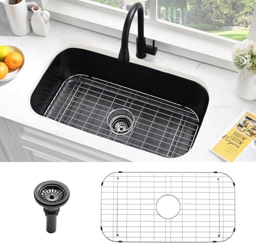 28" Black Undermount Kitchen Sink-Bokaiya 28"x18" Inch Undermount Stainless Steel Sink 16 Gauge Single Bowl Kitchen Sinks with Dish Grid