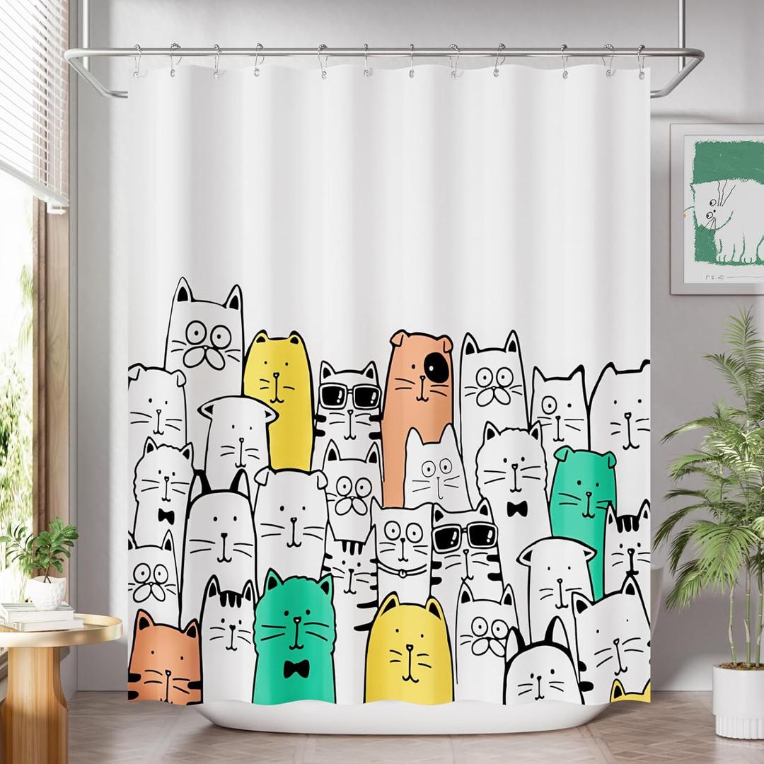 AmazerBath Shower Curtain, Washable Cute Kitty Carnival Cloth Shower Curtain Set with 12 Metal Hooks, Kawaii Waterproof Fabric Black and White Shower Curtain for Kids' Bathroom, 72x72 Inches