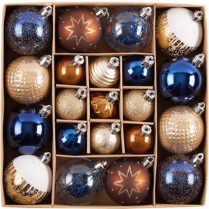 DecorbyHannah Christmas Ornaments Set, 21ct Blue Copper Gold Ornaments for Christmas Tree Decorations, Celestial Shatterproof Plastic Decorative Hanging Ball Bulk for Xmas Holiday Indoor Party Decor