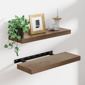 Heimlove Solid Wood Floating Shelves 16 inch, 8 Inch Deep Display Shelves Set of 2, Wall Mounted Floating Shelf with Invisible Brackets for Bathroom Bedroom Kitchen Living Room - American Walnut