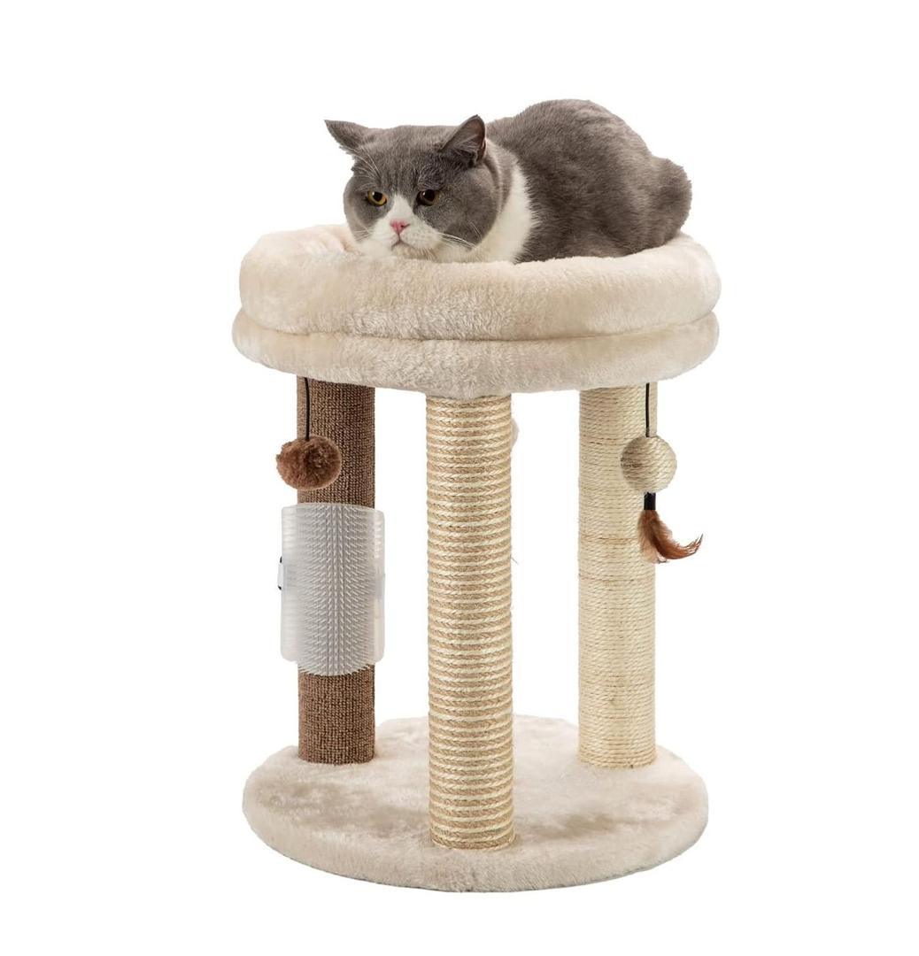 MECOOL 4in1 Small Cat Tree,Scratching Post with Tower Soft Bed, Sisal Carpet Jute Posts with Three Hanging Ball Toys and Massage Brush for Indoor Cats and Kittens (Beige)