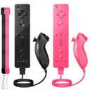 Wii Controller 2 Pack, Wii Remote Controller and Nunchuck Joystick with Silicone Case and Wrist Strap for Holiday (Black and Pink)