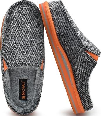 ONCAI Mens Clog Slippers with Arch Support Stripe Faux Fur Cotton-Blend High-Density Memory Foam Warm House Slippers Slip-on Indoor Outdoor Rubber Sole size 12