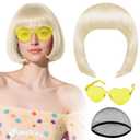 PLULON Blonde Bob Wig with Heart Sunglasses and Hair Cap for Women, Gold Short Bob Wigs Synthetic Colored Funny Cosplay Hairpieces for Women Men Daily Bachelorette Halloween Costume Party Decorations