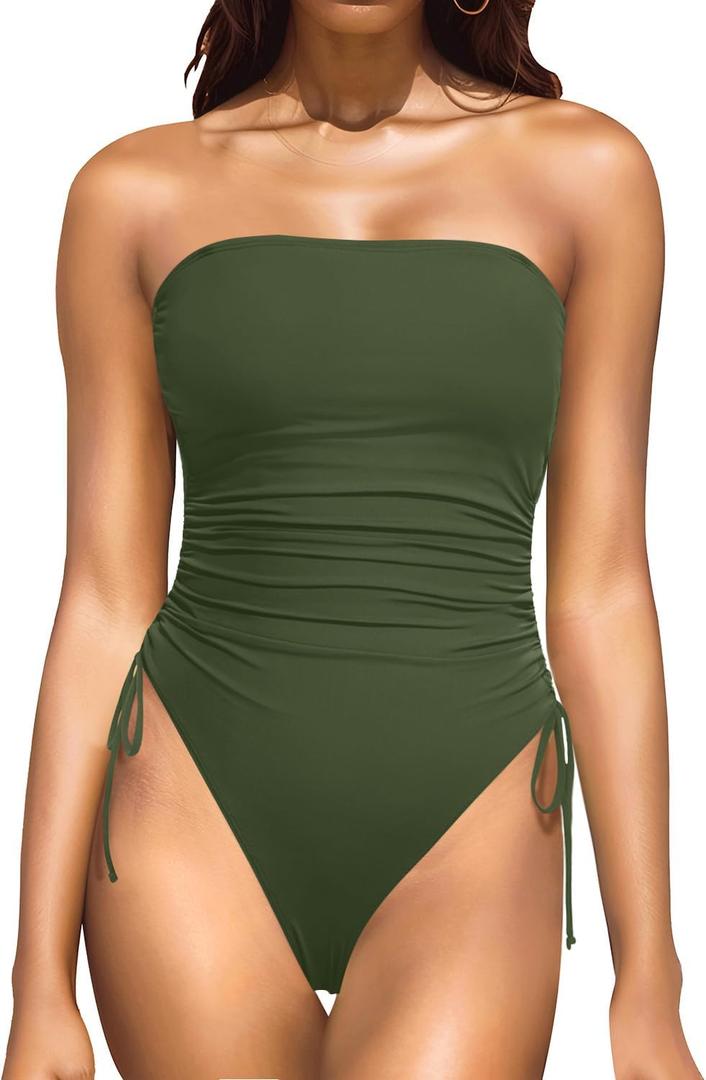 Yonique Women Strapless One Piece Swimsuit Tummy Control Bandeau Bathing Suit Cheeky Swimwear (Medium, Army Green) Yonique Women Strapless One Piece Swimsuit Tummy Control Bandeau Bathing Suit Cheeky Swimwear (Medium, Army Green)