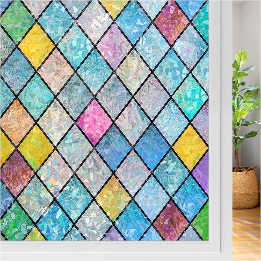 rabbitgoo Stained Glass Window Film Rainbow Film Decorative 3D Privacy Sticker Colorful Lattice Window Decals Cling, Sun Catcher Static Decals for Home 17.5"118.1"