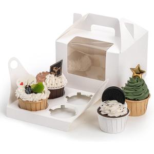 Jucoan 40 Pack Cupcake Containers, 4 Count White Kraft Paper Cupcake Boxes with Insert Window and Handle, Cupcake Holder Bakery Pastry Boxes, Gable Party Favor Treat Boxes for Wedding Birthday Party
