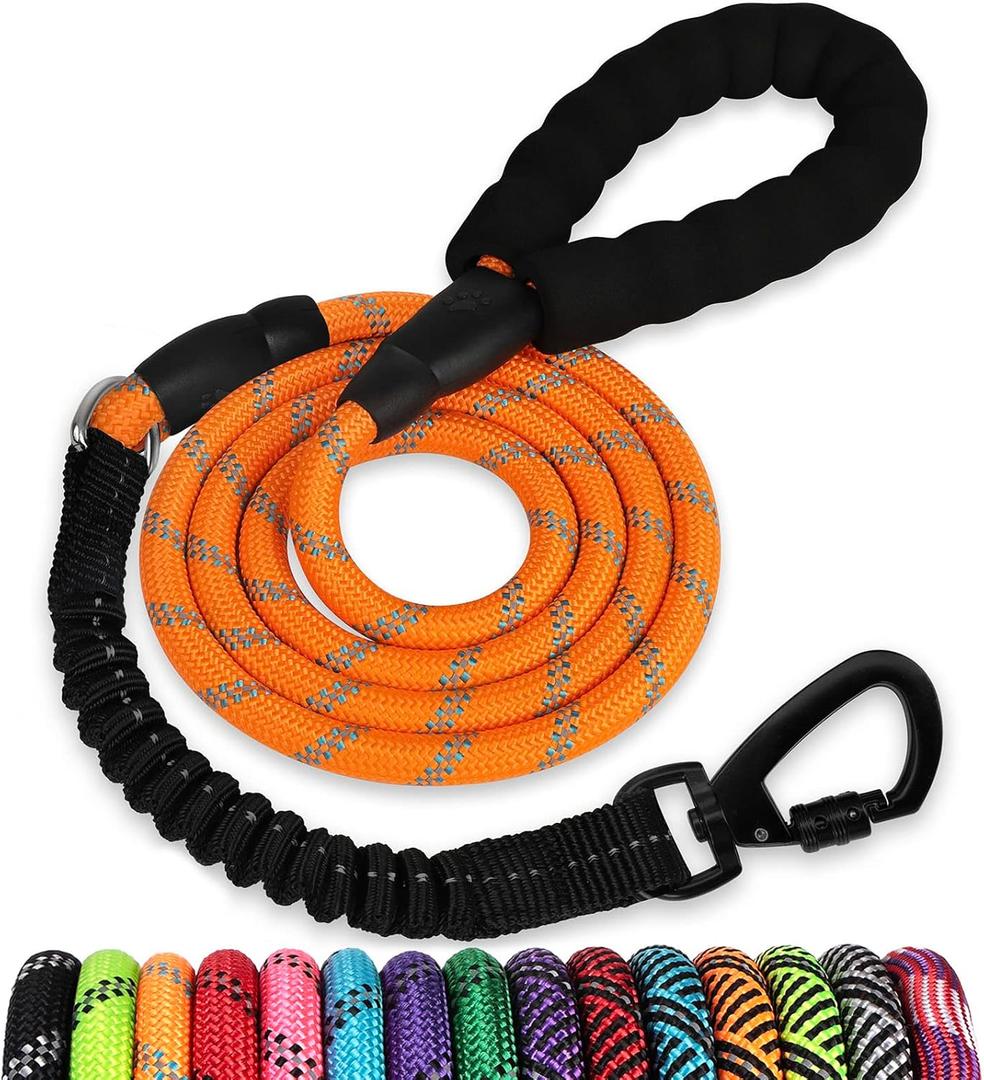 Rope Dog Leash 4 FT: Heavy Duty Leashes with Swivel Lockable Hook Reflective Threads Bungee and Padded Handle - Dog Lead for Large Small Medium Dogs Outside Walking Hiking Orange (4ft*1/2'')