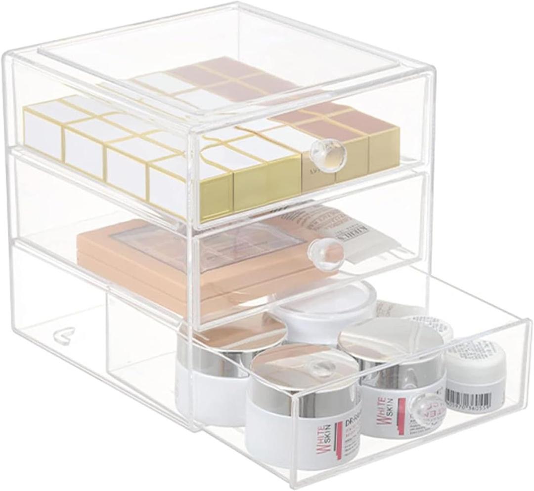 Makeup Drawer Organizer Box with 3 Drawers, Acrylic Cosmetic Display Case Vanity Organizer Jewelry Storage Box Stackable Storage for Cosmetics, Skin Care, Bathroom, Countertop, Clear
