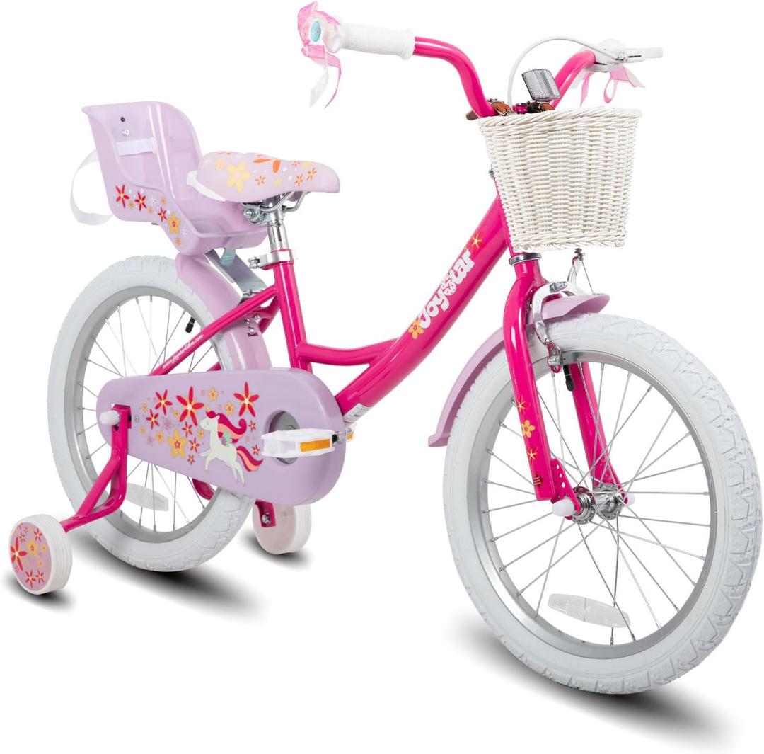 JOYSTAR Unicorn 18 Inch Girls Bikes for Ages 5-8 Years Girls with Doll Bike Seat 18 in Kids Bicycle with Training Wheels Basket Streamer Princess Kids' Bikes   (Fuchsia)