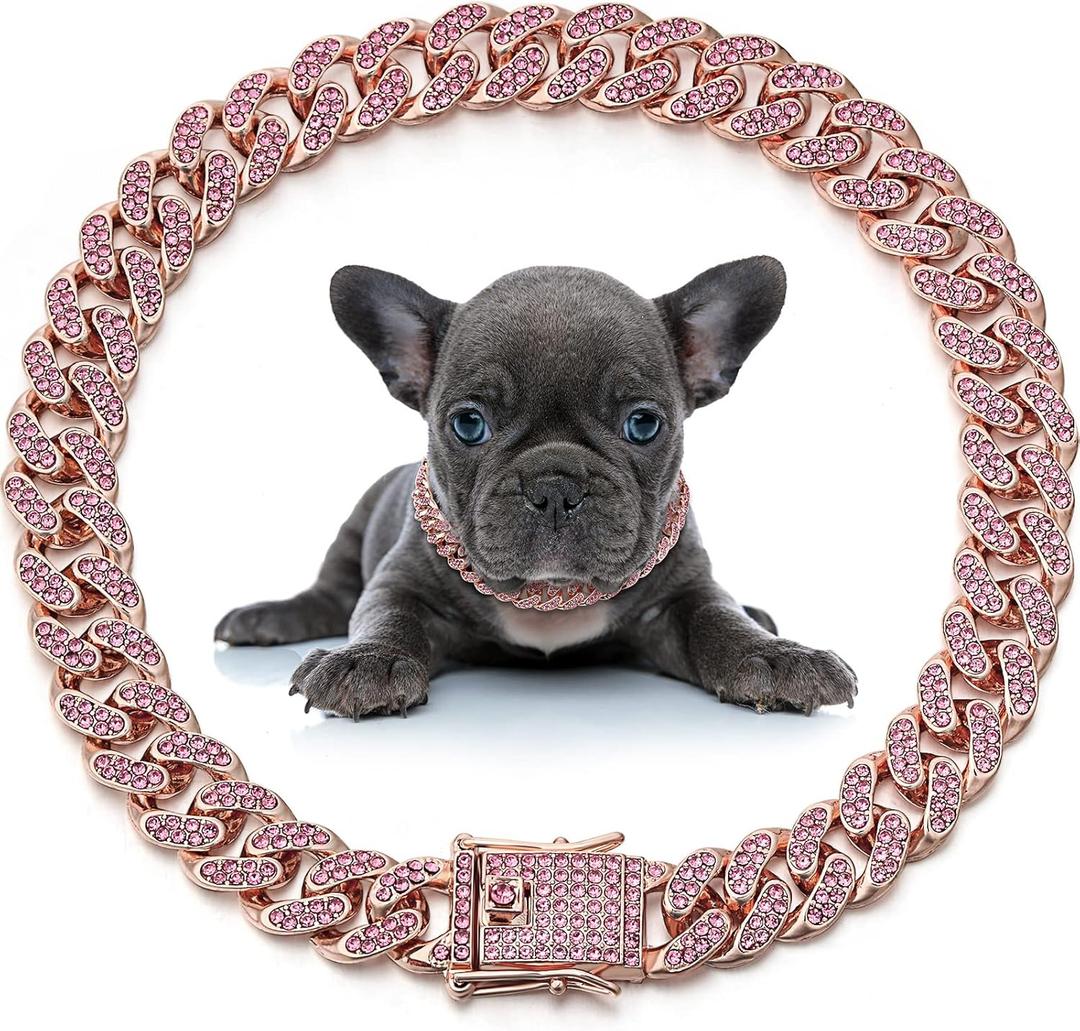 LEIFIDE Dog Chain Collar Diamond Link Puppy Collar 12 mm Wide Dog Necklace Metal Cat Chain Pet Crystal Necklace Jewelry Accessories for Small Medium Large Pet(16 Inch,Rose Gold, Pink)