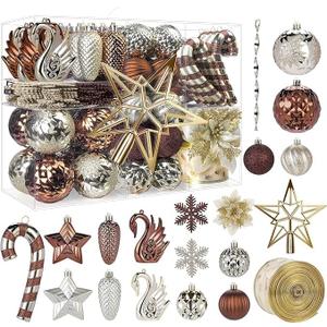 128pcs Christmas Balls Ornaments Set, Shatterproof Plastic Baubles Christmas Flowers, Ribbon for Xmas Tree Holiday Wedding Party Decorations with Hanging Strings,Champagne Gold and Brown