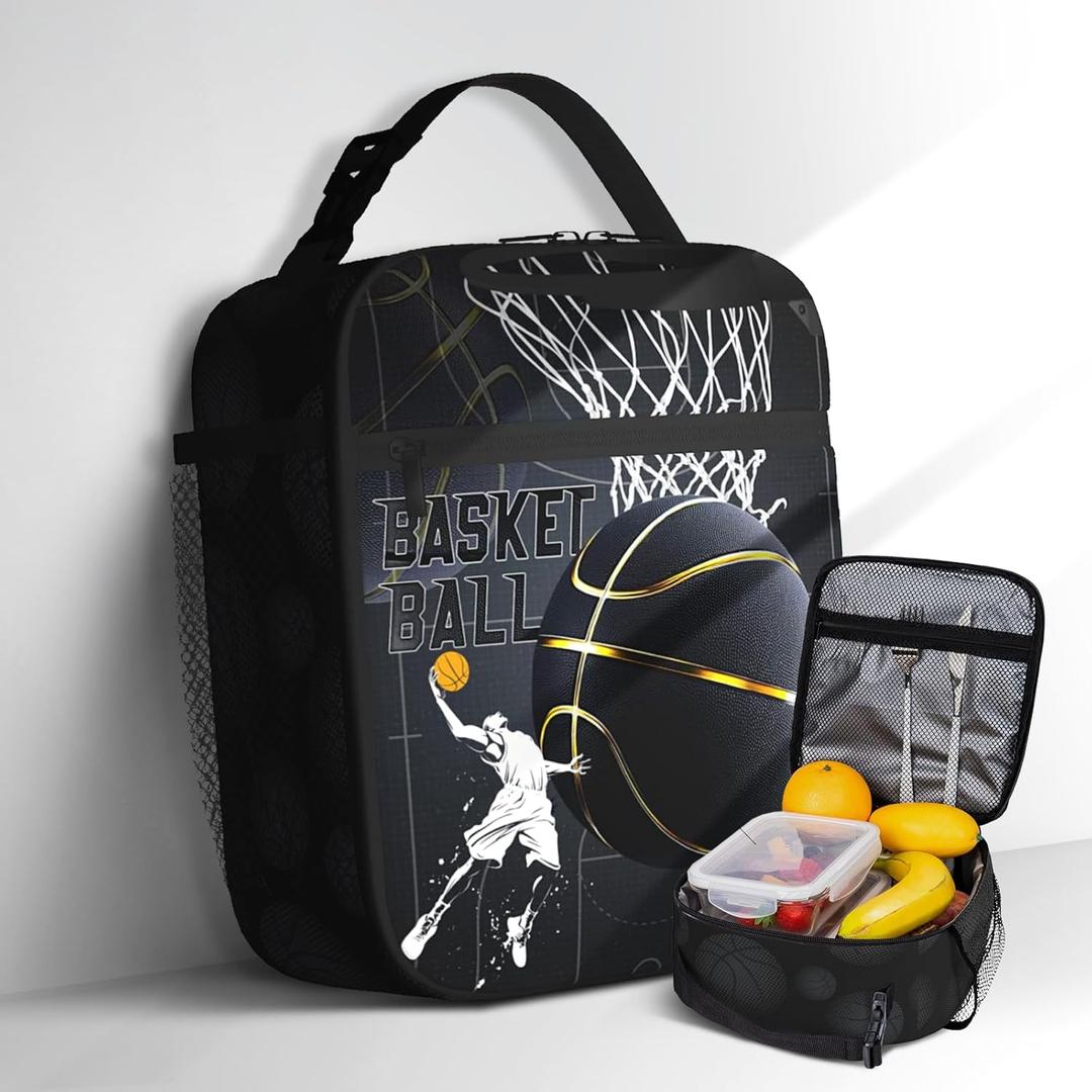 Basketball Kids Lunch Box Basketball Sport Insulated Lunch Bag Tote for Boys Girls Cooler Reusable Ball Themed Lunchbox with Shoulder Strap for School Office Picnic Work Travel