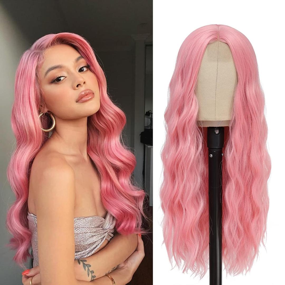 Pink Wig - Long Pink Wavy Wigs for Women Middle Part Pastel Pink 26 inch Natural Curly Synthetic Wig Heat Resistant Fiber Wigs for Daily Party Use