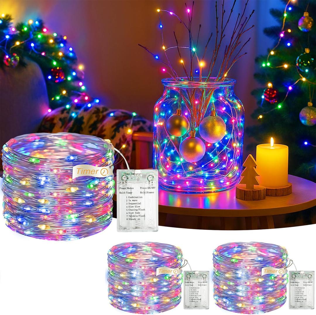 3 Pack 16FT 50 LED Fairy Lights Battery Operated with Timer, 8 Modes USB Mini Twinkle Light, Small String Lights for Christmas Tree Wreath Vase Bedroom DIY Wedding Decorations-Multi-Colored
