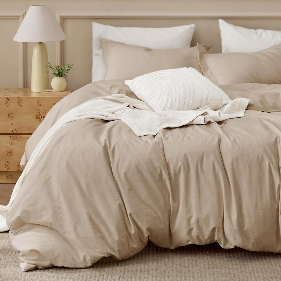 Bedsure 100% Washed Cotton Duvet Cover King Size - Frosted Almond Minimalist Bedding Set Linen Like - PureWoven Plain Simple & Soft Comforter Cover for All Seasons (Frosted Almond, King, 104"x90")