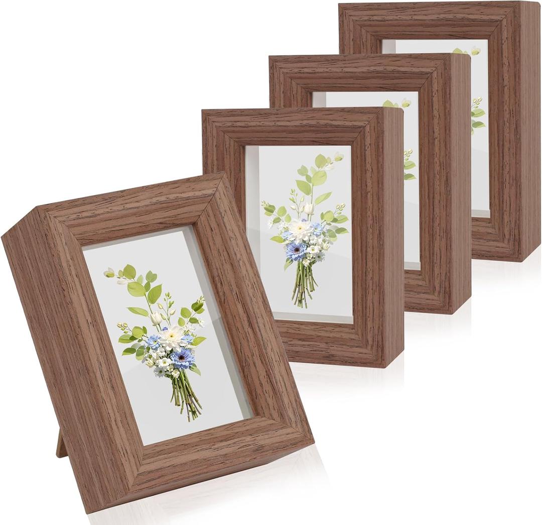 2x3 Mini Picture Frames Set of 4, Wallet Size Picture Frames Small Wooden Shadow Box Frame with Real Glass Cover for Farmhouse Tabletop Display, Rustic Brown