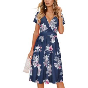 OUGES Casual Summer Dress for Women Wrap V Neck A Line Midi Dresses with Pockets (Blue, L)