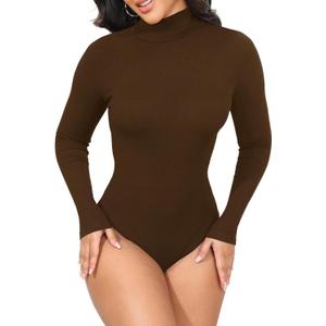 GEMBERA Womens Stretchy Long Sleeve Turtleneck Ribbed Knit Fitted Basic Bodysuit Shirt (Medium, Brown)