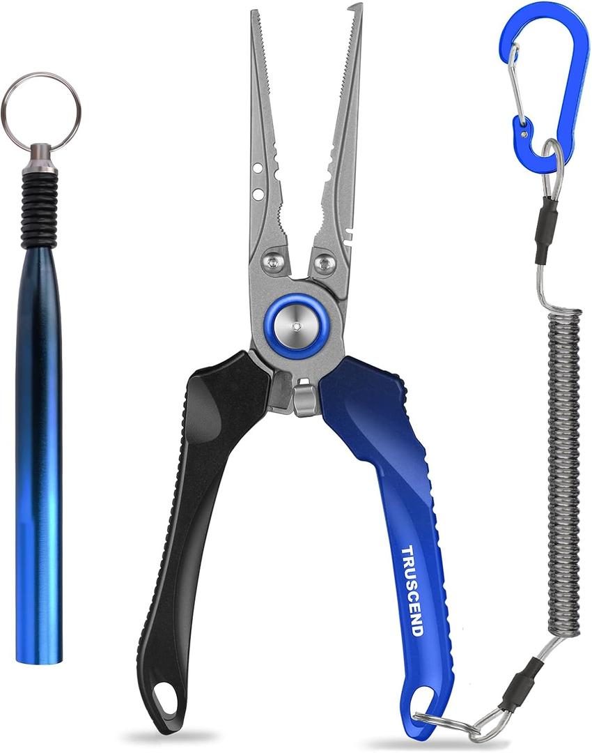 TRUSCEND Lockable Handy Fishing Pliers with Innovative Ergonomic Handle, Saltwater Corrosion Resistant Teflon Coated Fishing Tool, Multi-Function Fishing Gear with Mo-V Cutter (Blue)