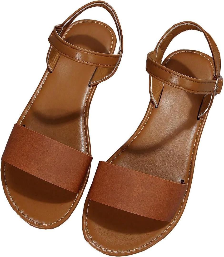 Verdusa Women's One Band Ankle Strap Flat Sandals Open Toe Walking Shoes (9.5, Brown)