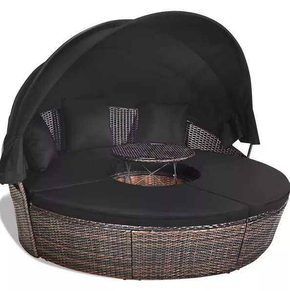 Patio Round Daybed with Retractable Canopy, Wicker Furniture Sectional Couch with Separate Cushioned Seats, Adjustable Table Top, Patio Rattan Daybed Sofa for Backyard, Poolside, Black, HW68675CDK