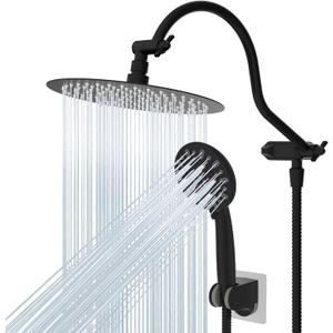 Hibbent All Metal Shower Head, 10'' High Pressure Rainfall Shower Head, Handheld Showerhead Combo, 12'' Adjustable Curved Extension Arm, 7 Sprays, 71'' Shower Hose, Showerhead Holder, Matte Black